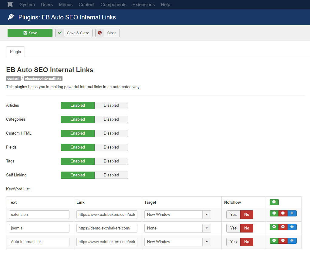 Скриншот настроек плагина EB Auto SEO Internal Links