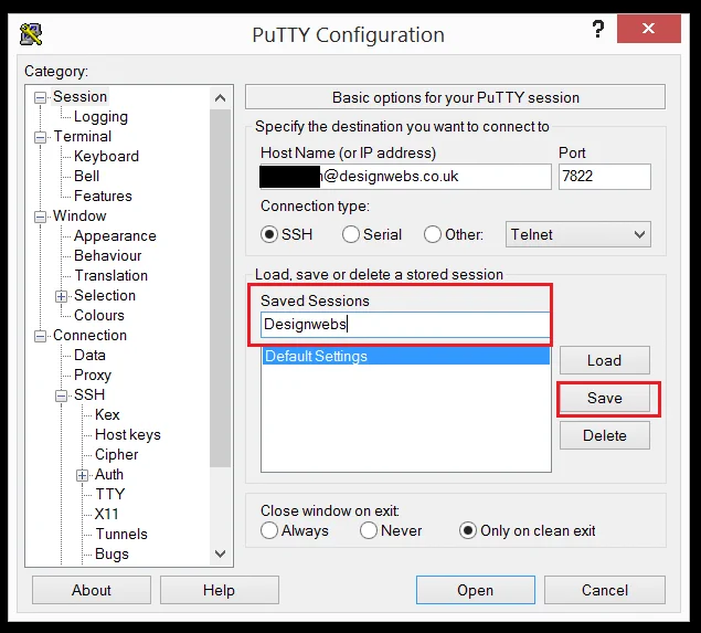 Настройка PuTTY: сохранение настроек