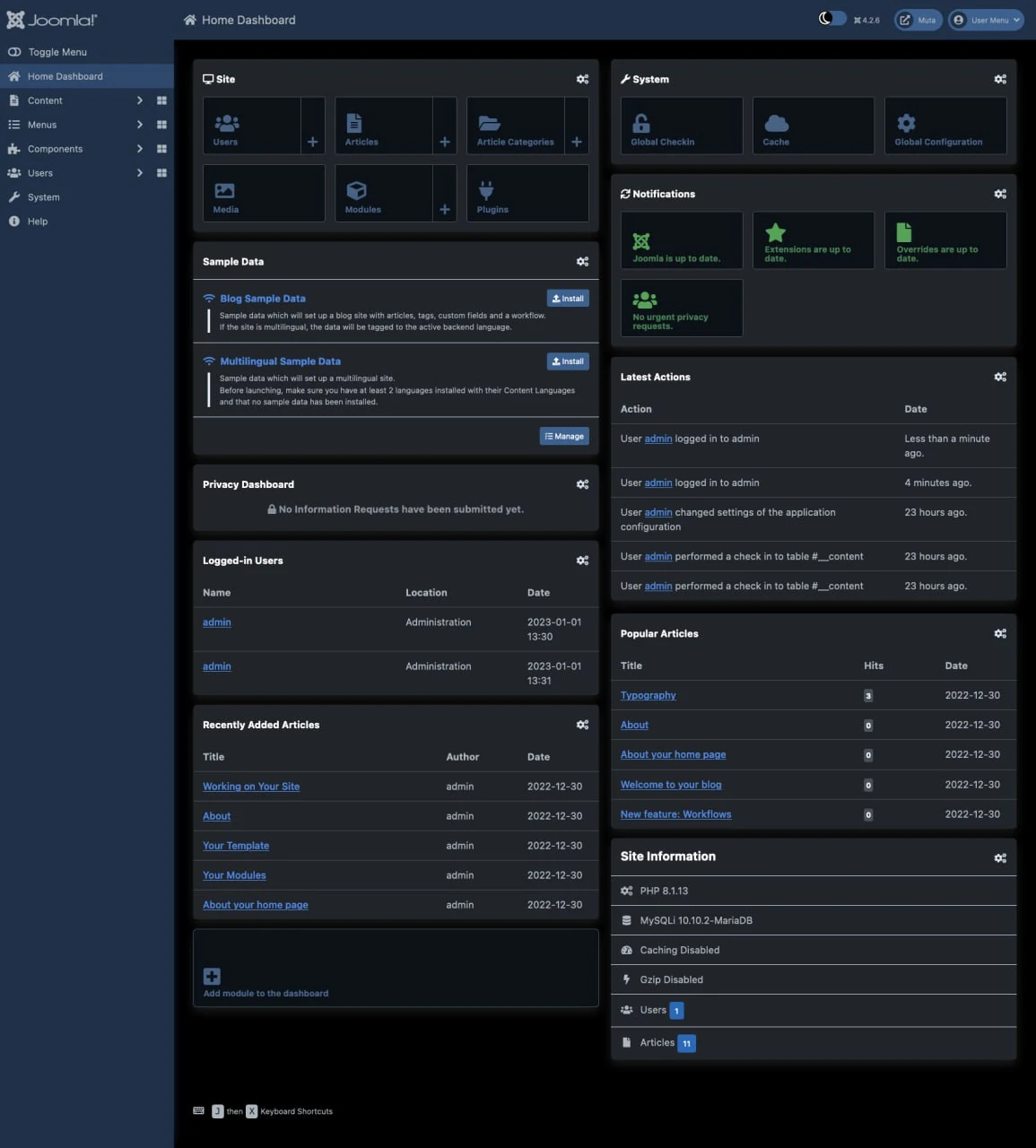 Muta - шаблон для панели администратора Joomla 4 в тёмных тонах