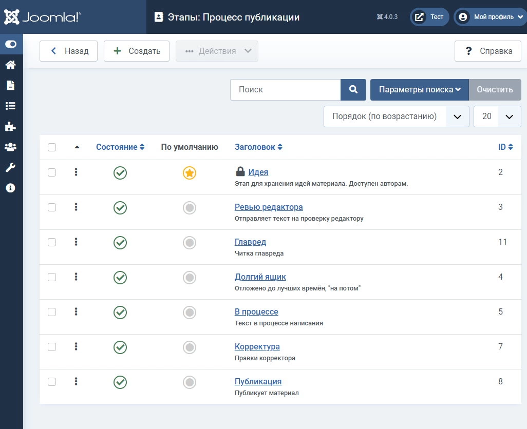 Список готовых этапов в процессах в Joomla 4