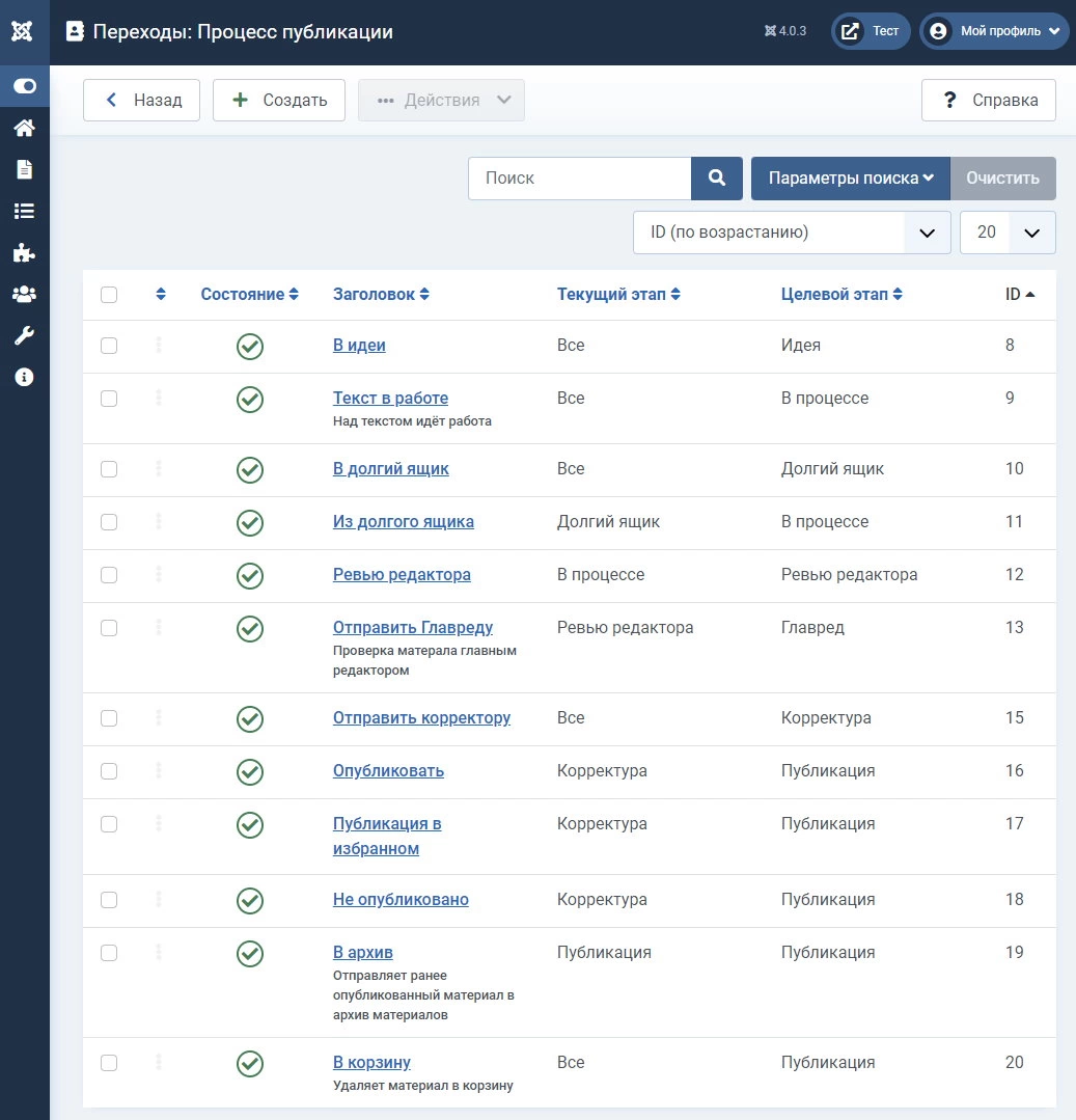 Переходы между этапами Workflow в Joomla 4