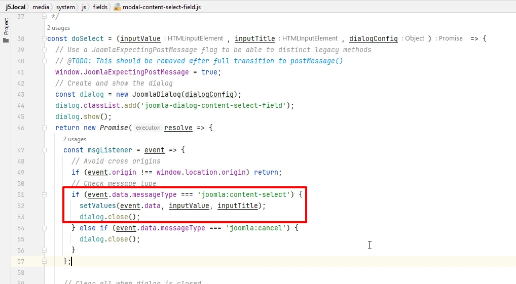 joomla:content-select postMessage сообщение Joomla