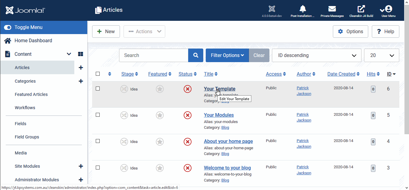 Изменение стадии процесса при создании материала Joomla 4.