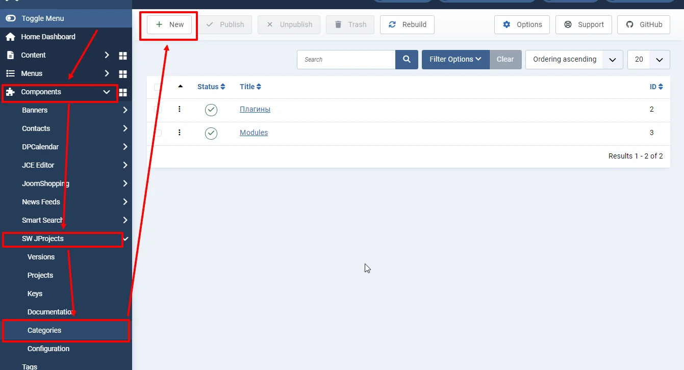 Creating categories in SW JProjects Joomla