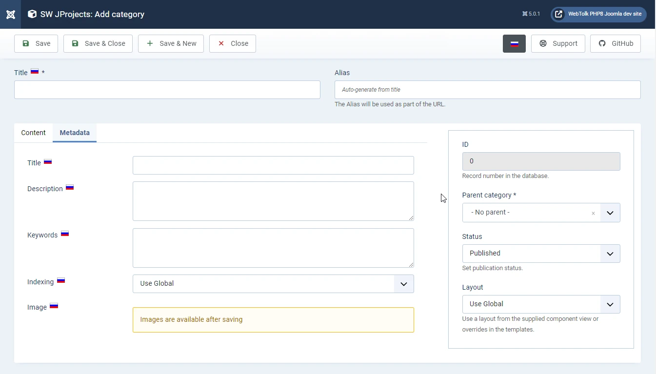SEO settings for the program category in the component SW JProjects Joomla
