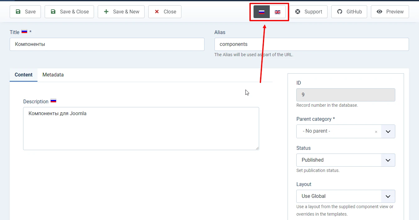 Language switch in the multilingual Joomla component SW JProjects