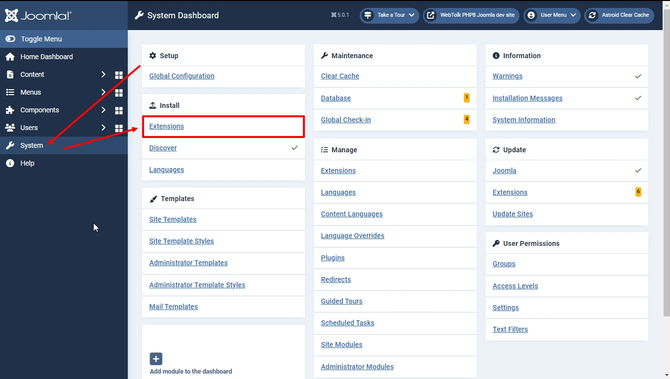 Joomla 5 admin panel - system