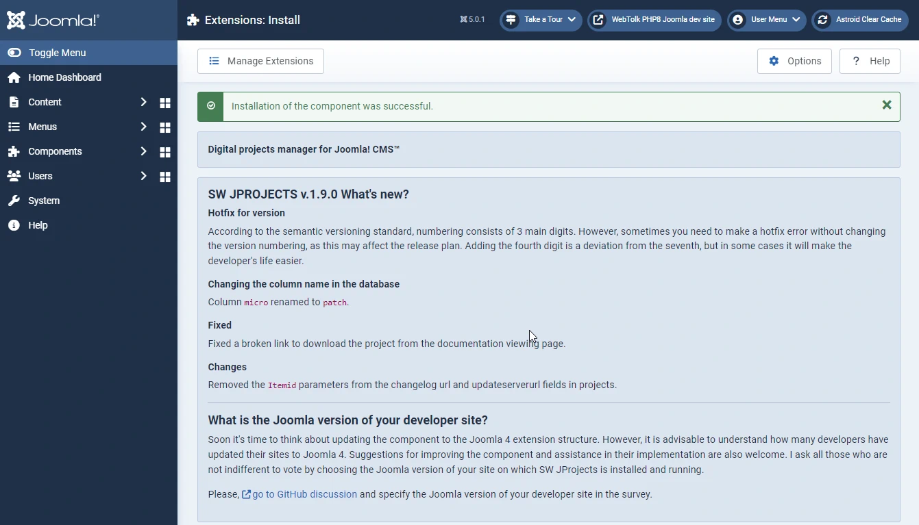 sw jprojects post install screen for joomla