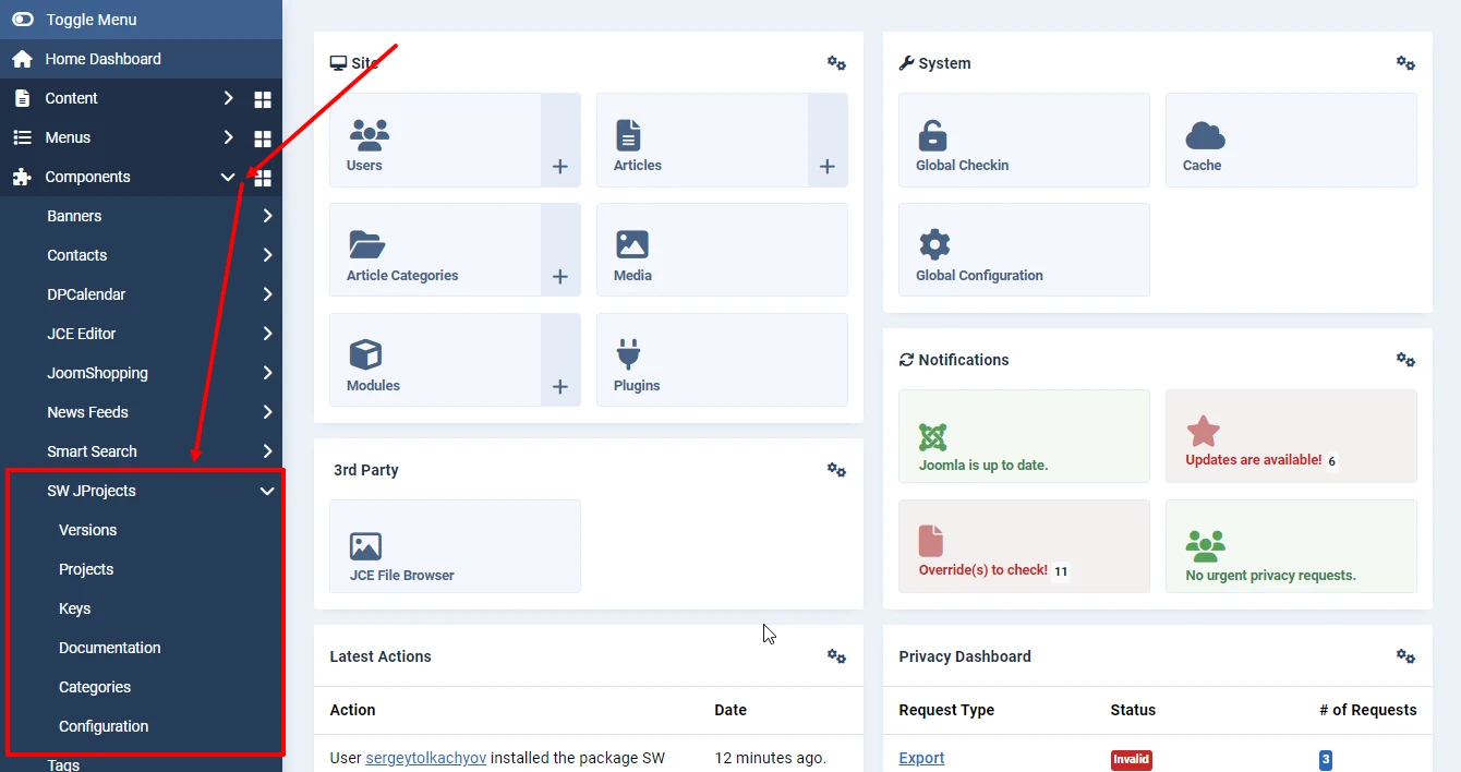 The SW JProjects component in the list of components in Joomla 5