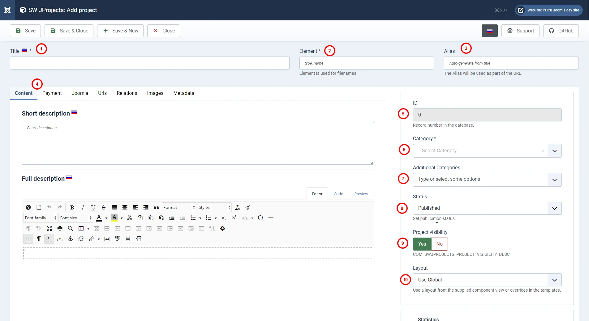 Screenshot of the project creation page settings in the SW JProjects component for joomla