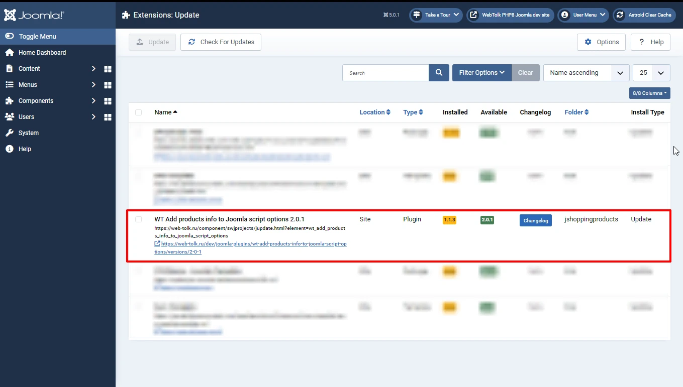 Extension in the list of Joomla extension updates