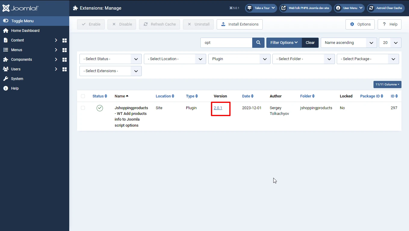 Link to changelog Joomla extensions in the list of Joomla extensions 5