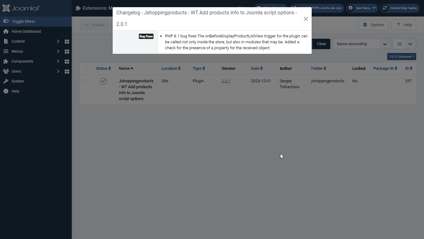 The list of changes for the extension can be viewed directly in the Joomla admin panel