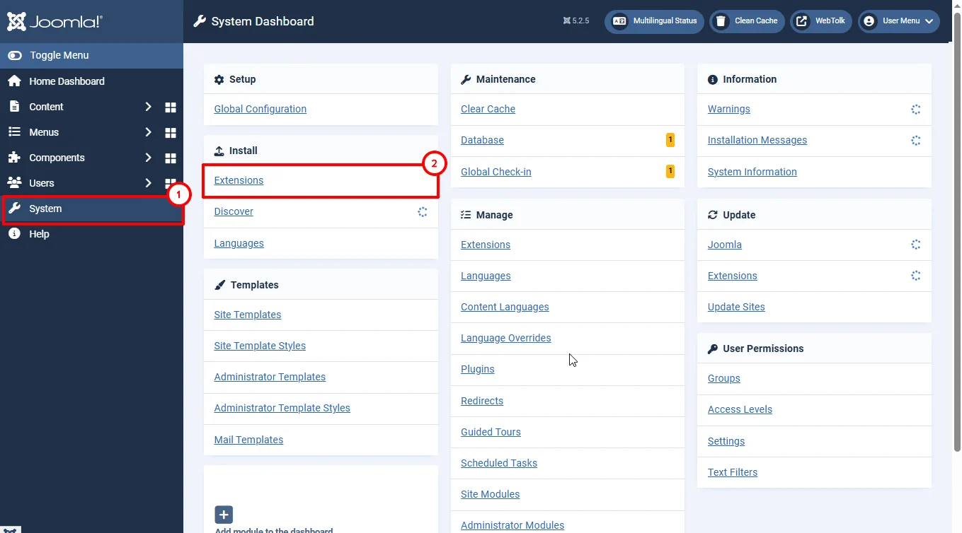 Joomla 5 control panel extension system