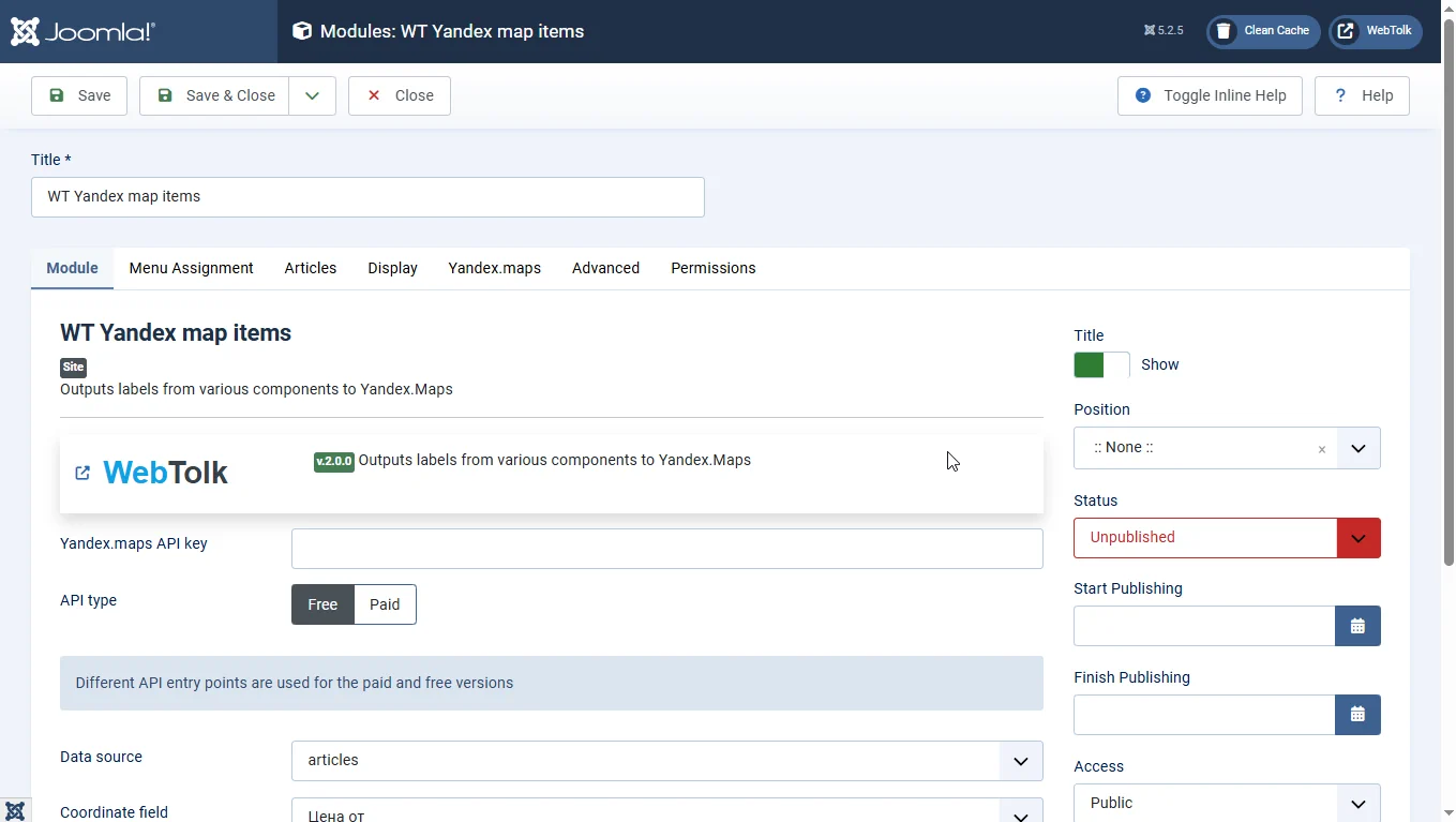 Parameters of the Yandex maps module for Joomla - WT Yandex map items