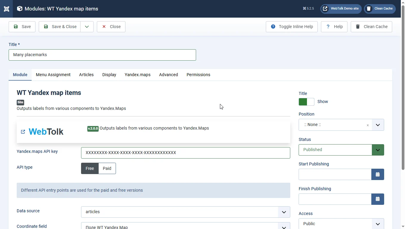 Yandex Maps API 3.0 Module Settings Screen for Joomla 5