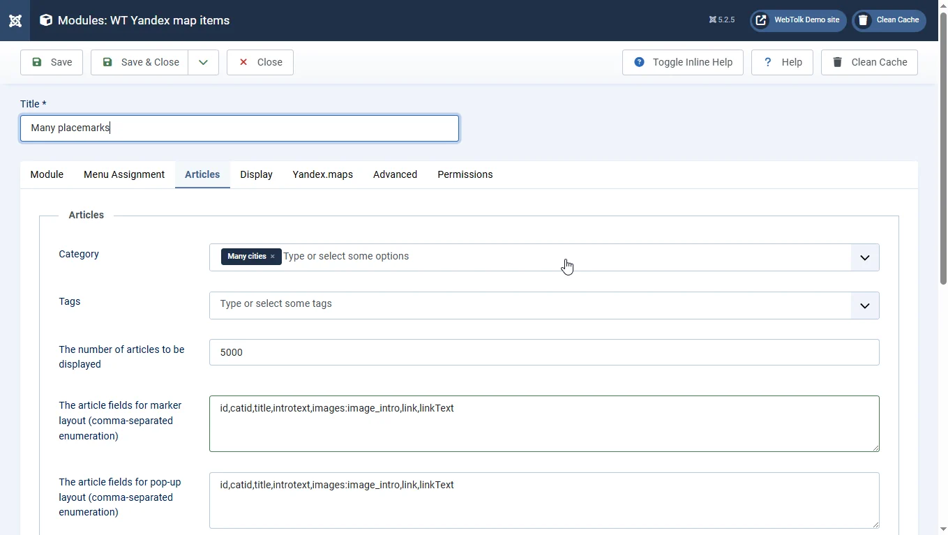 Articles selection settings for the WT Yandex map items module for Joomla