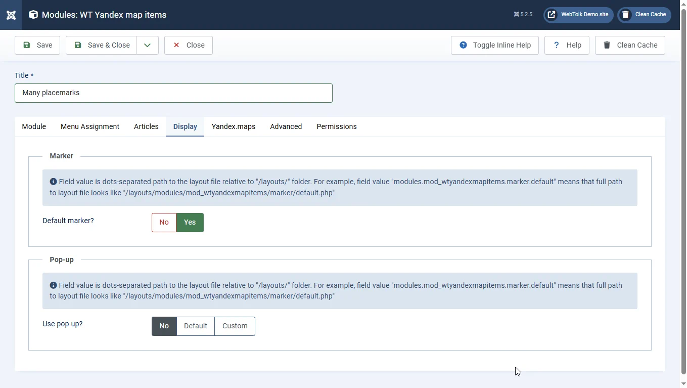 Placemark display settings on the Joomla Yandex map