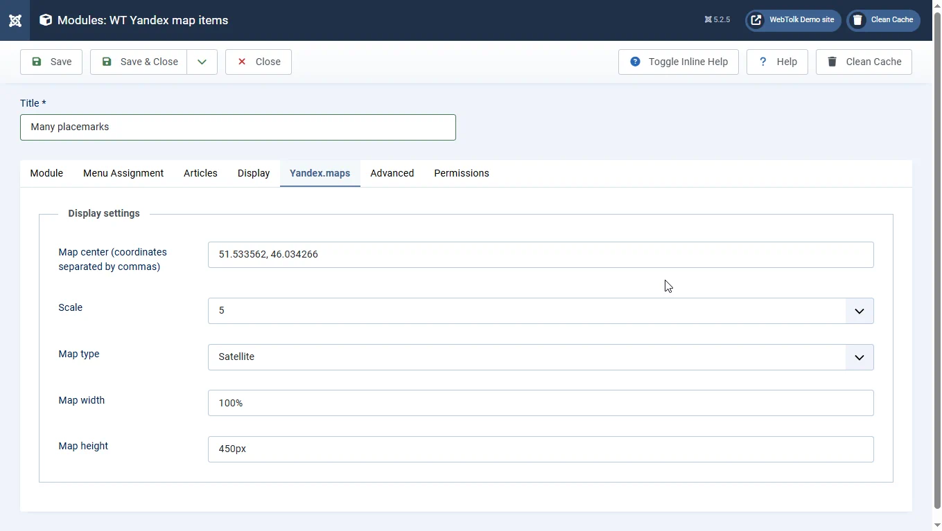Yandex Map display settings in the Joomla module