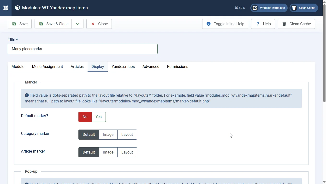 The default marker is no. Yandex Maps module settings for Joomla