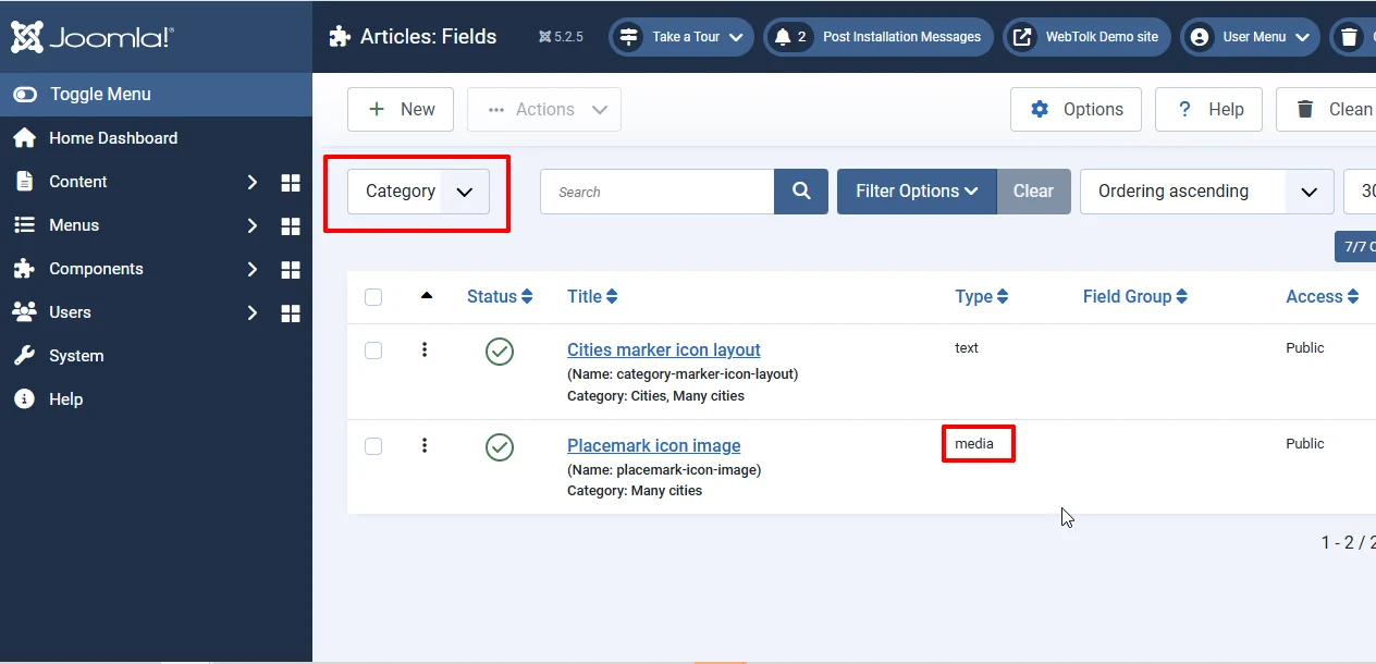 Created media type field in Joomla for selecting images.
