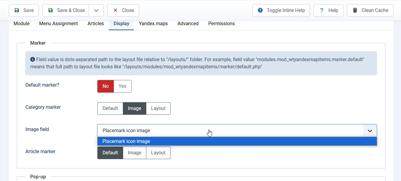Selecting a custom Joomla material category field in the drop-down list