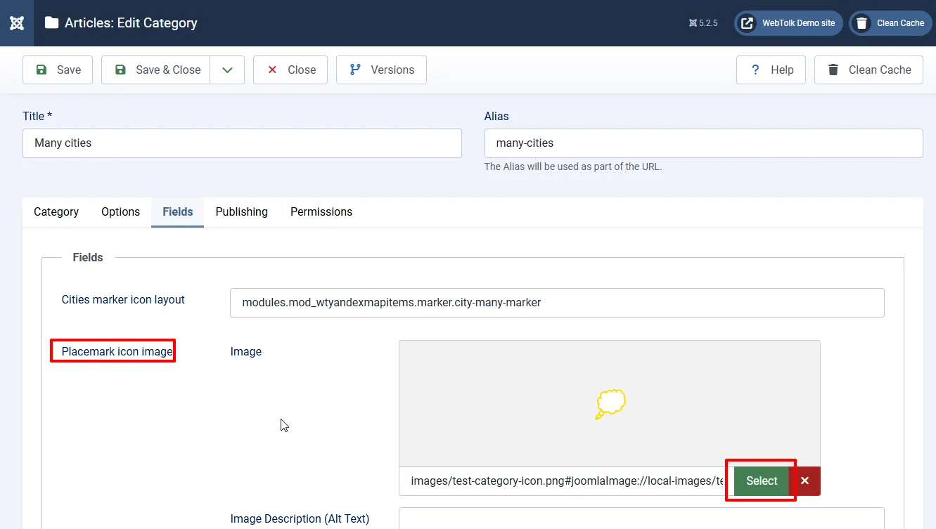 Image selection in the custom Joomla category field