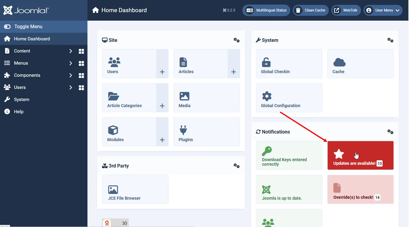 Notification of Joomla extension updates in the Joomla admin panel