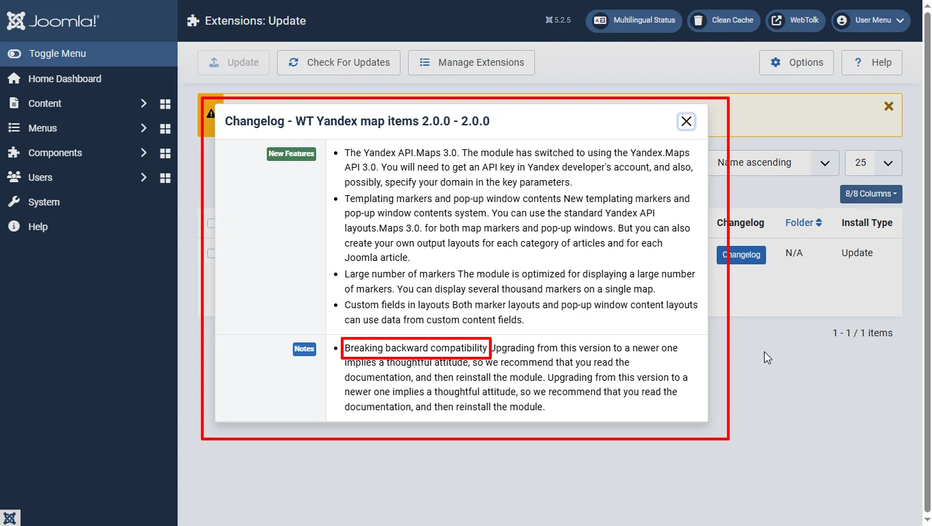 Viewing the list of changes in the new version of the Joomla extension before updating in the Joomla admin panel