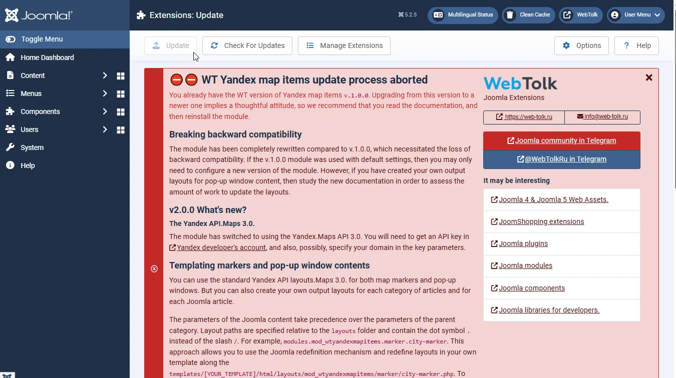 WT Yandex map items update process aborted Joomla admin panel message