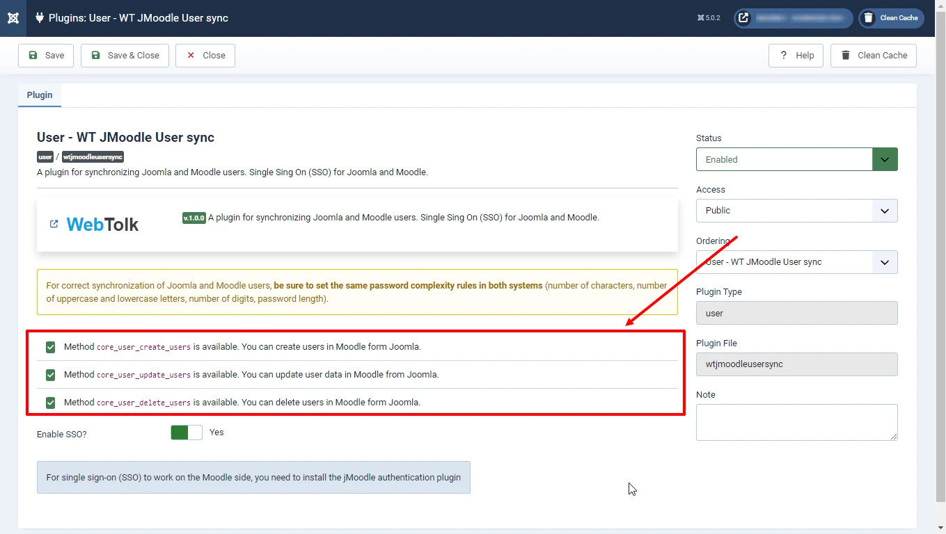 In the parameters of the wt moodle user sync plugin, you can see if the necessary Moodle REST API methods are available