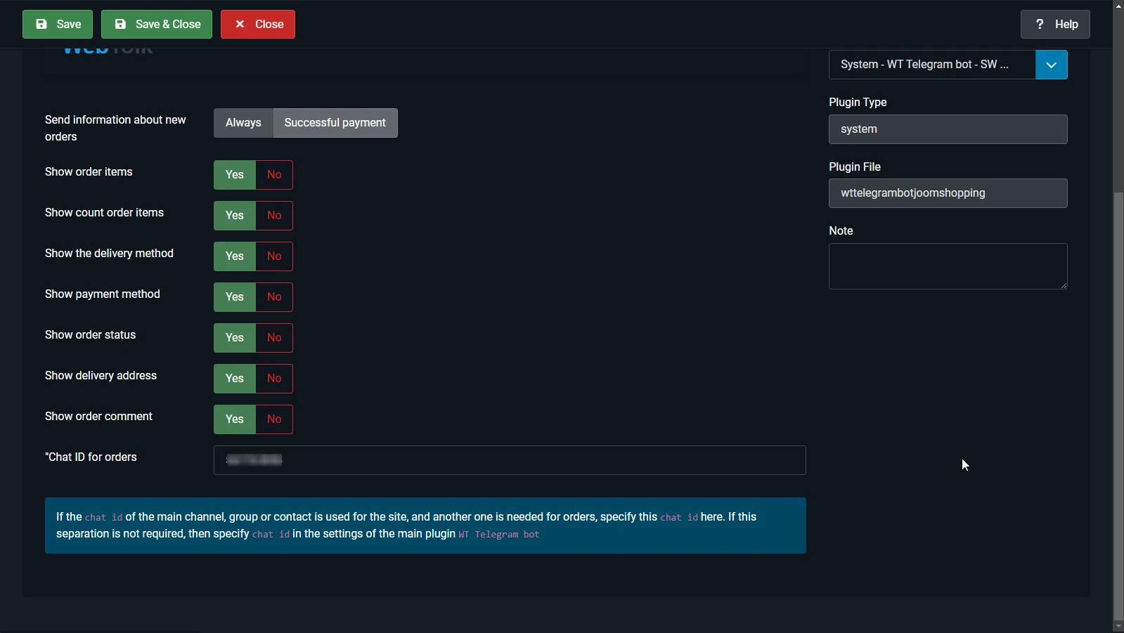 Settings for sending orders from Joomla Joomshopping to Telegram